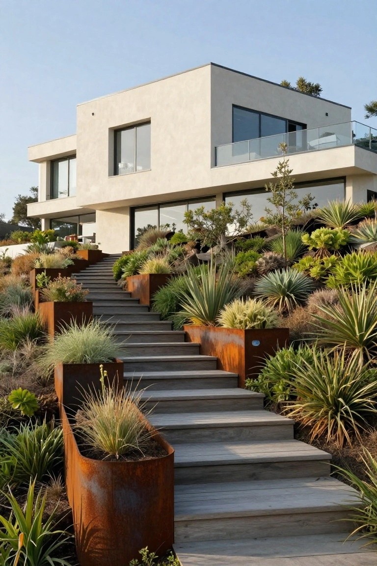 Modern hillside home with rusted planters and wooden staircase.
