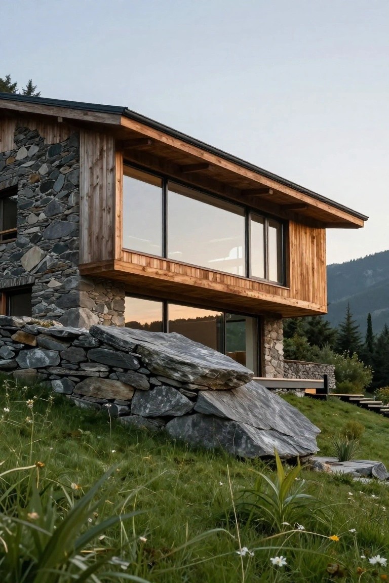 Side view of a two-story modern house with gray stone lower walls, vertical wooden cladding on the upper cantilevered section, large triple-pane glass windows, built into a grassy hillside with boulders, plants, and distant mountains.