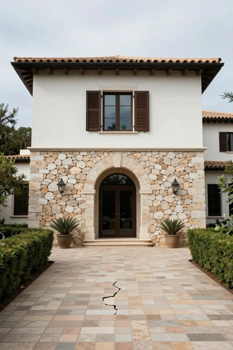White stucco Mediterranean-style house with terracotta tile roof and central arched stone entryway with wooden double doors, flanked by lanterns and potted palms, driveway edged by hedges.