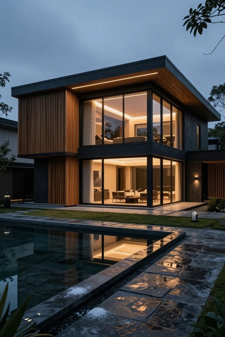 Modern two-story house with vertical wood slats on dark walls, extensive black-framed corner glass windows, adjacent infinity-edge pool, and wet stone paving at dusk.