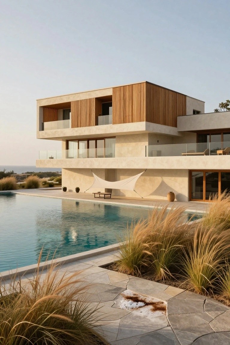Beige stucco modern house with vertical wood cladding on protruding upper volumes, glass balcony railing, beside a rectangular turquoise pool edged with tall grasses and stone pavers, ocean visible in background.