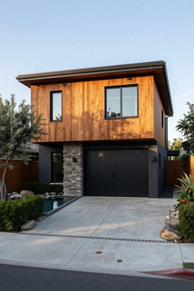 Modern two-story house featuring vertical cedar wood cladding on upper facade, black-framed windows, dark double garage door, stone accent pillar, concrete driveway with small rock-lined pond, and landscaping with olive trees and shrubs.