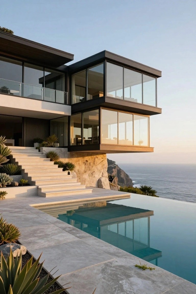 Modern house with black-framed glass volumes cantilevered over a rocky cliffside, white stone stairs leading from infinity-edge pool to entry, agave plants along edges, and ocean view at sunset.
