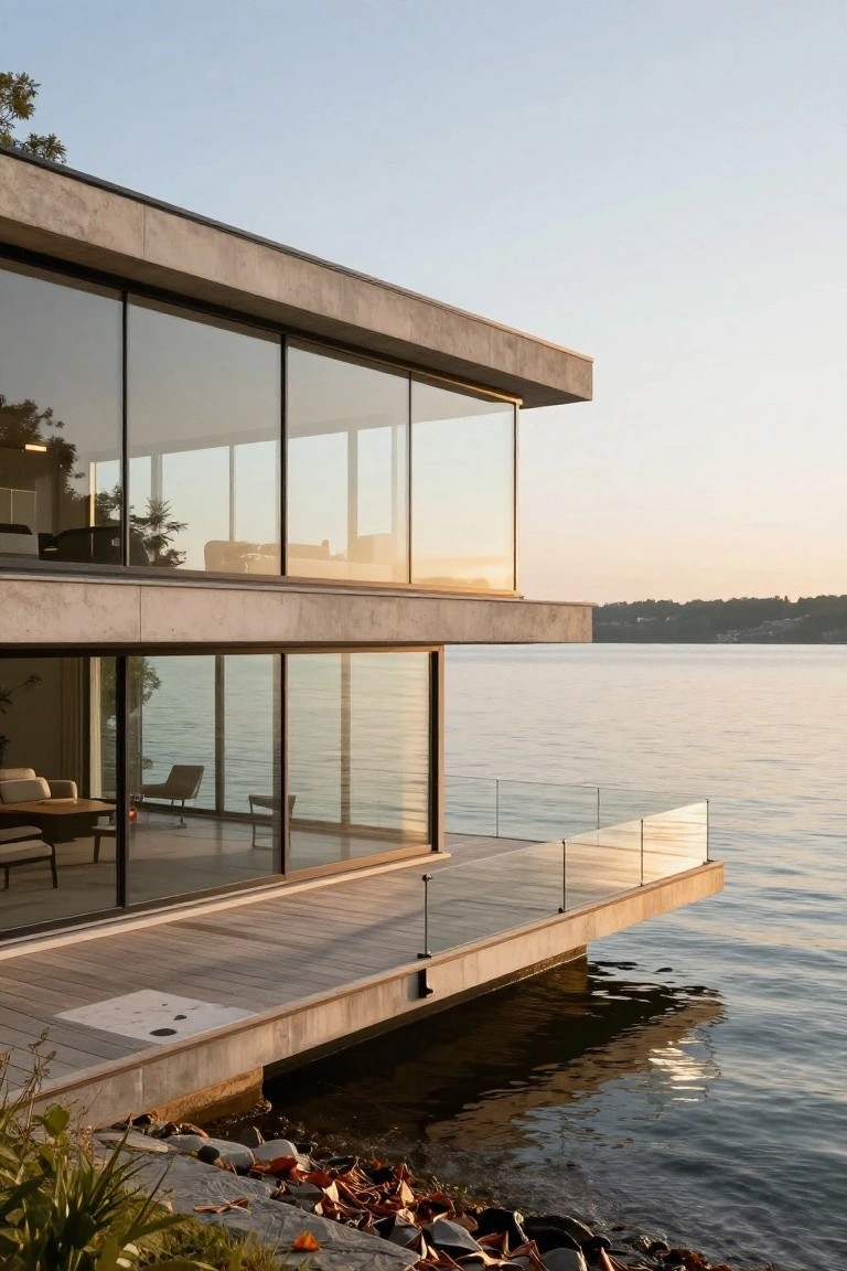 Modern two-story house with concrete structure, extensive glass walls, and a wooden deck terrace cantilevered over a lake edge, surrounded by rocks and plants.