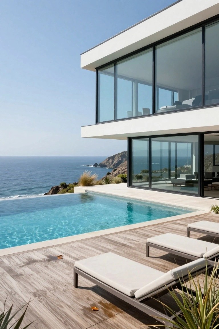 White modern house with extensive glass walls and a cantilevered infinity edge pool on a wooden deck overlooking the ocean from a cliffside.