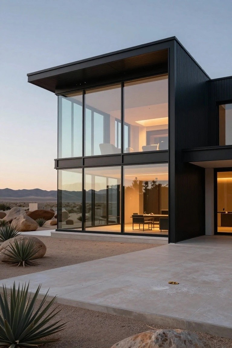 Modern black vertical siding house corner with floor-to-ceiling glass walls overlooking a concrete patio, desert boulders, agave plants, and distant mountains at dusk.