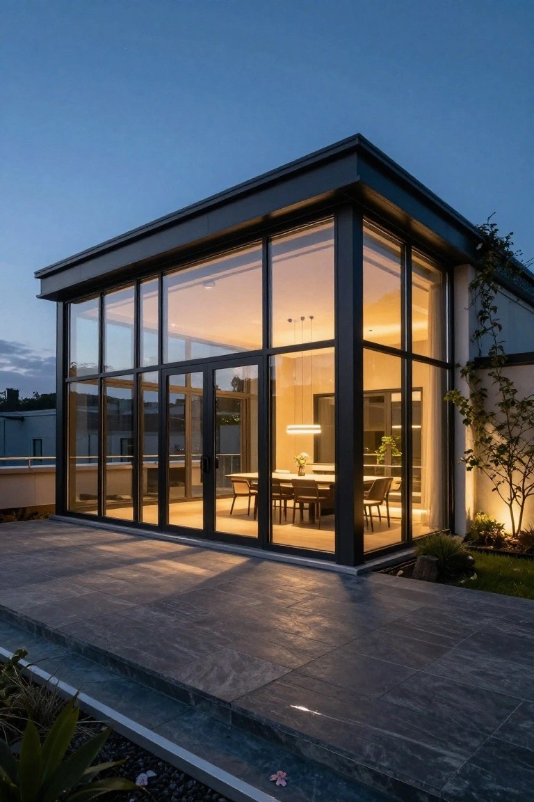 Corner view of a modern glass-walled pavilion with black frames enclosing a dining table and chairs inside, connected to a dark stone terrace with landscaping and plants at dusk.