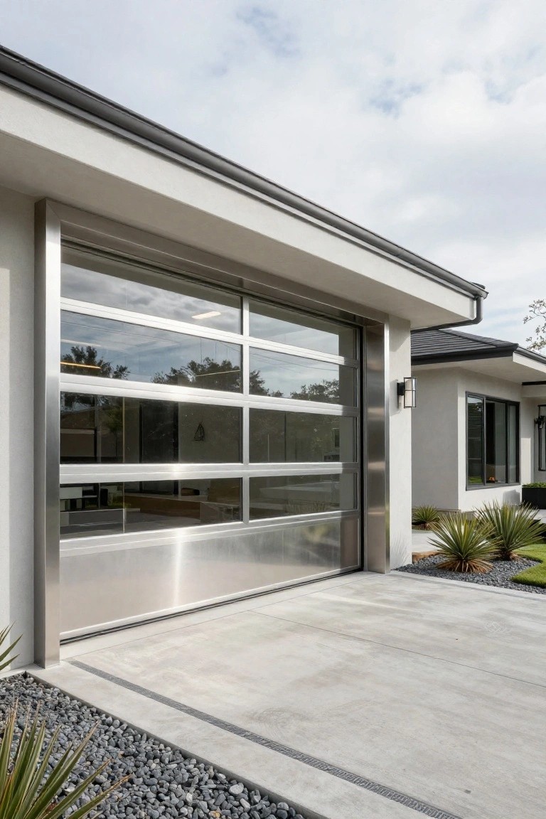 Contemporary house exterior with a large vertical-pane glass garage door in a stainless steel frame, white stucco walls, concrete driveway, pebble edging, and agave plants.