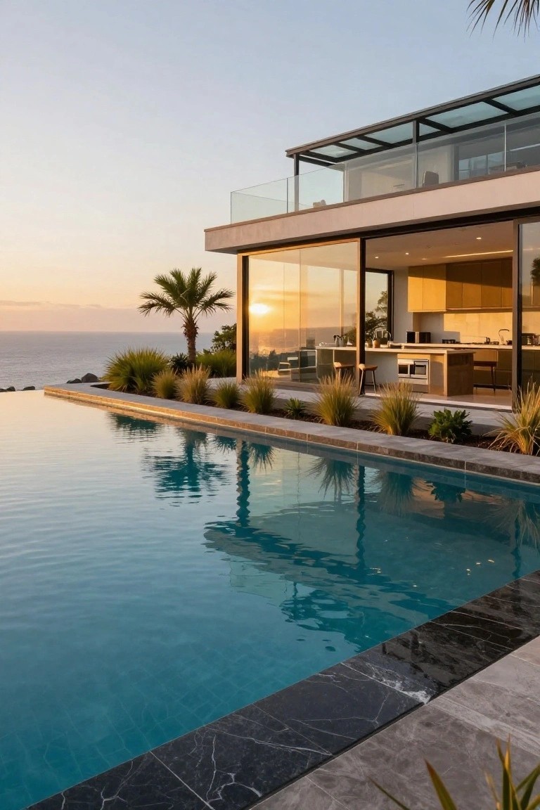 Modern glass-walled house beside infinity-edge pool with black stone edging, overlooking ocean at sunset with palm trees and grasses nearby.