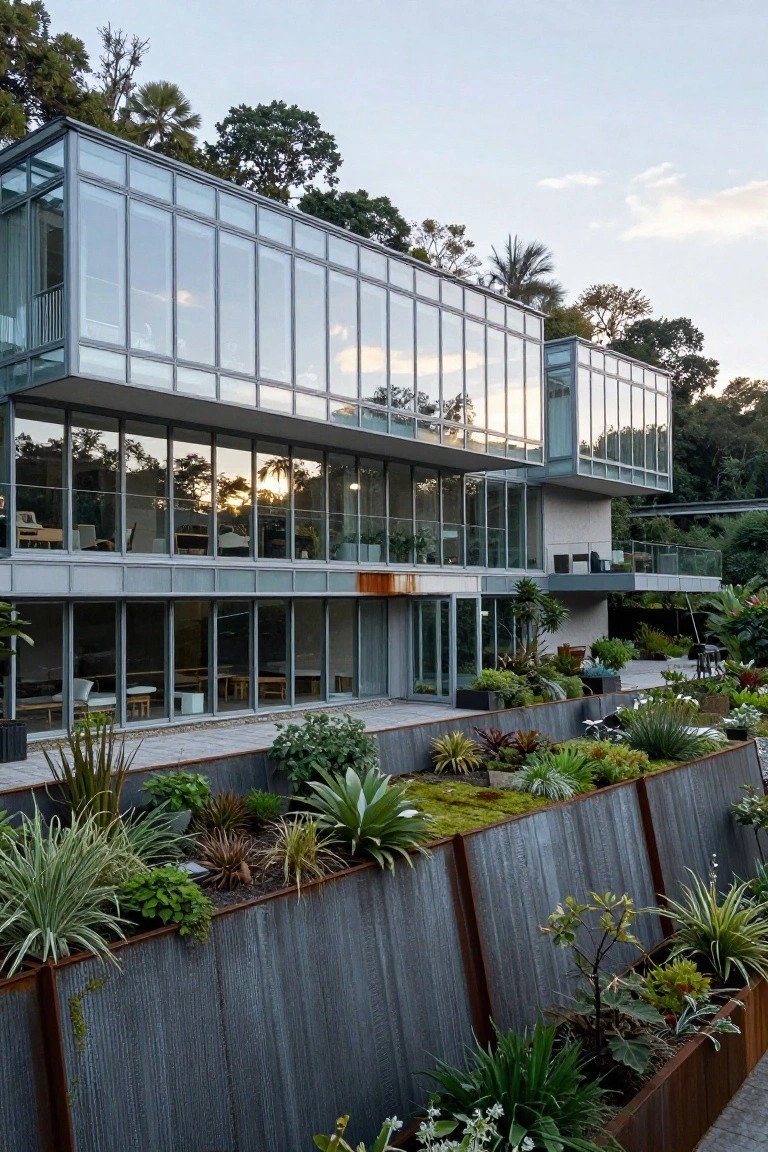 Modern multi-level glass house on a hillside with rusted steel retaining planters filled with agaves, grasses, and succulents, surrounded by tropical trees and palms.