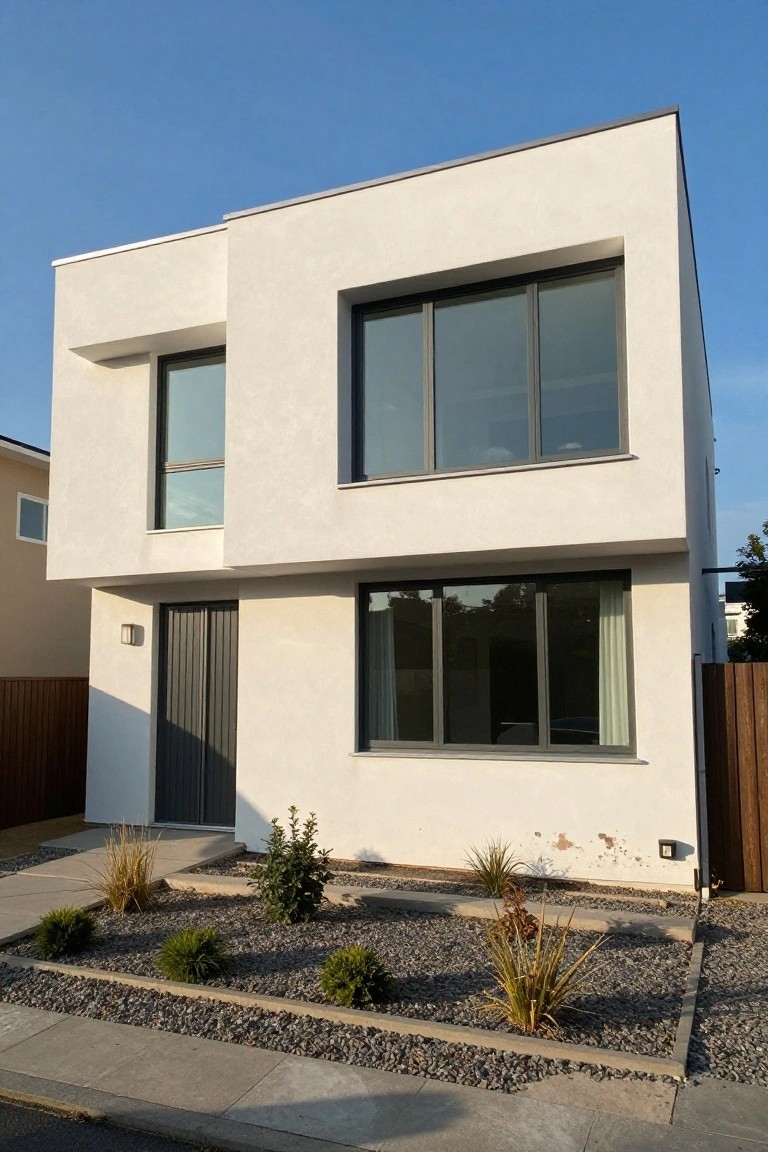 White stucco modern house with asymmetrical design, large black-framed windows, gray front door, wooden fence, and gravel front yard planted with grasses and shrubs.