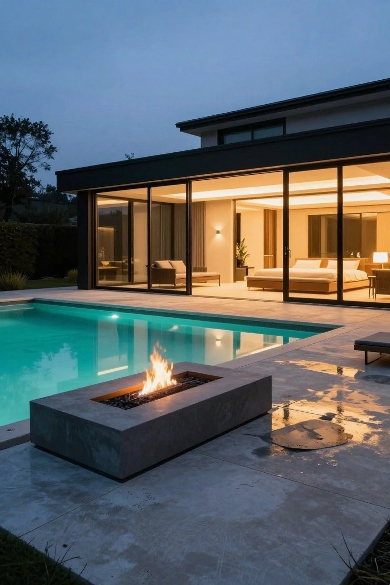 Modern house exterior at dusk with floor-to-ceiling glass doors opening to a pool deck that includes a lit rectangular concrete fire pit adjacent to the turquoise pool.