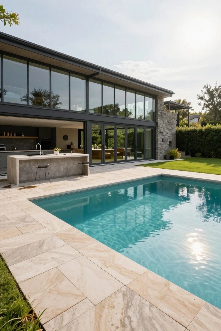 Modern house back exterior featuring large glass walls and sliding doors opening to a stone-topped outdoor kitchen counter with bar stools next to a rectangular pool on a light travertine-tiled deck surrounded by grass and hedges.