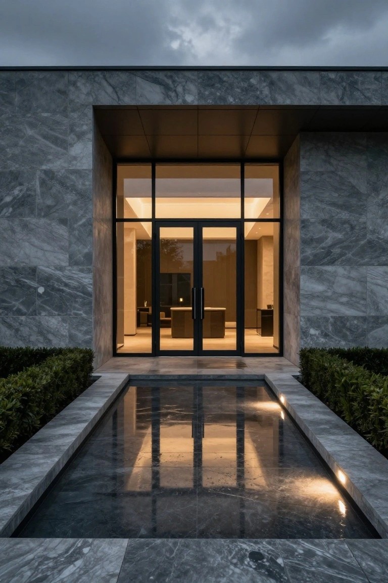 Gray marble-clad modern house entrance with large glass double doors, interior lighting visible, flanked by boxwood hedges and a linear black reflecting pool with edge lighting under a cloudy sky.