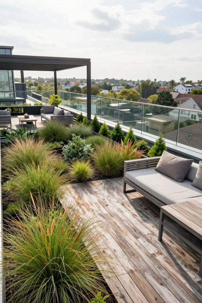 Rooftop terrace with wooden decking, L-shaped grey outdoor sofa, low table, raised beds of ornamental grasses and shrubs, glass railings, and pergola structure overlooking neighborhood houses.