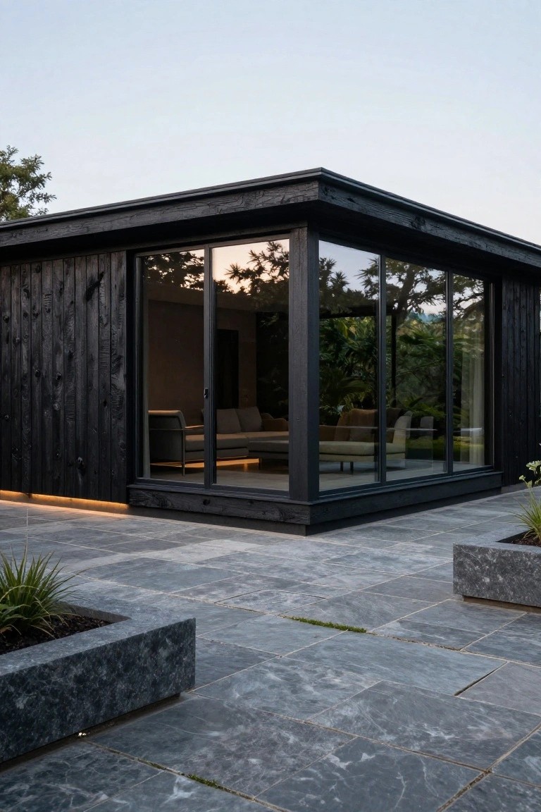 Corner exterior view of a modern pavilion with black wood cladding, large glass walls showing indoor seating, slate tile patio, stone planters, and surrounding greenery at dusk.