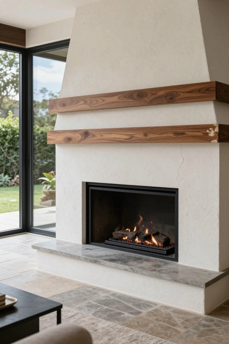 Modern living room featuring a white stucco fireplace with walnut wood shelves, marble hearth, gas flames burning, tiled floor, sofa, and large open black-framed sliding glass doors to a lush green garden with trees and plants.