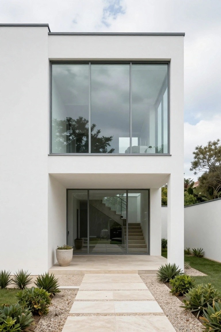 White modern house with boxy facade, large glass windows, recessed glass entry door revealing interior stairs, travertine stone pathway bordered by pebbles and agave plants, and green landscaping.