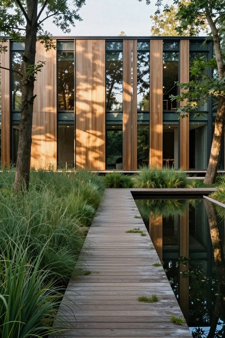 Wooden boardwalk pathway extending over a narrow reflecting pool and through tall grasses toward a modern house with vertical wood cladding and large glass windows surrounded by trees.