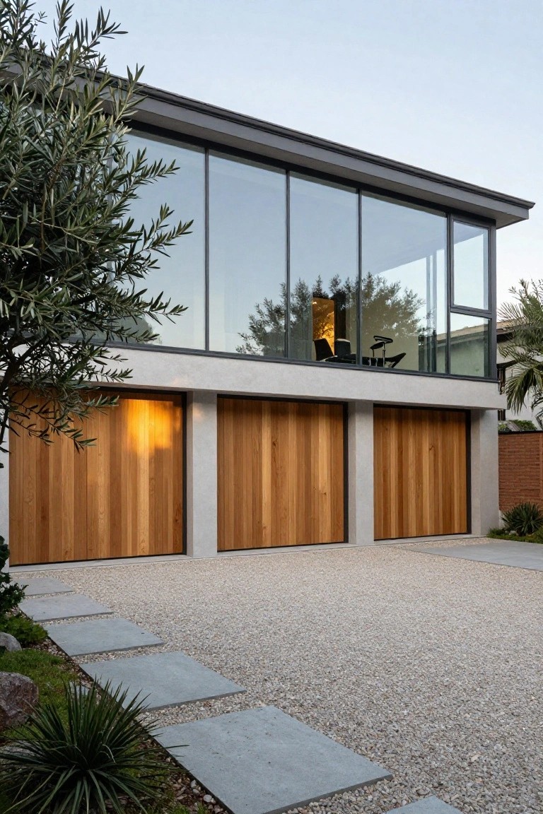 Modern house exterior featuring double slatted wooden garage doors flanked by concrete pillars, large glass upper windows, gravel driveway, stone pathway, olive tree, and low ground plants.
