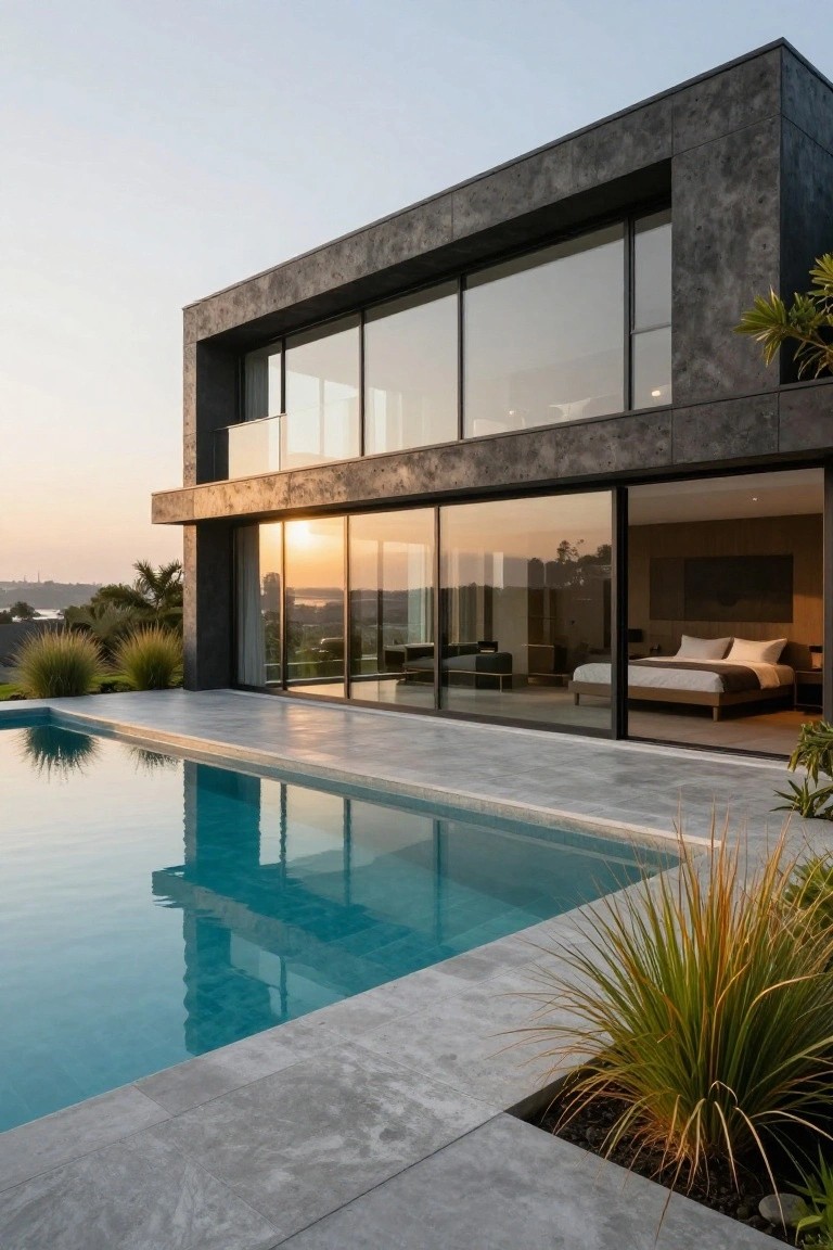 Modern house with dark matte facade and large sliding glass doors from bedroom interior to tiled pool deck with infinity edge, grasses and palms nearby, sunset in background.