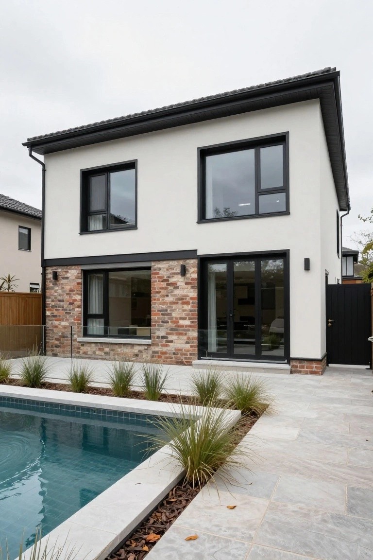 Rear exterior of a two-story modern house with white walls, black-framed windows and doors, brick on the lower section by sliding glass doors, adjacent rectangular pool with tiled edges, pavers, and tall ornamental grasses.