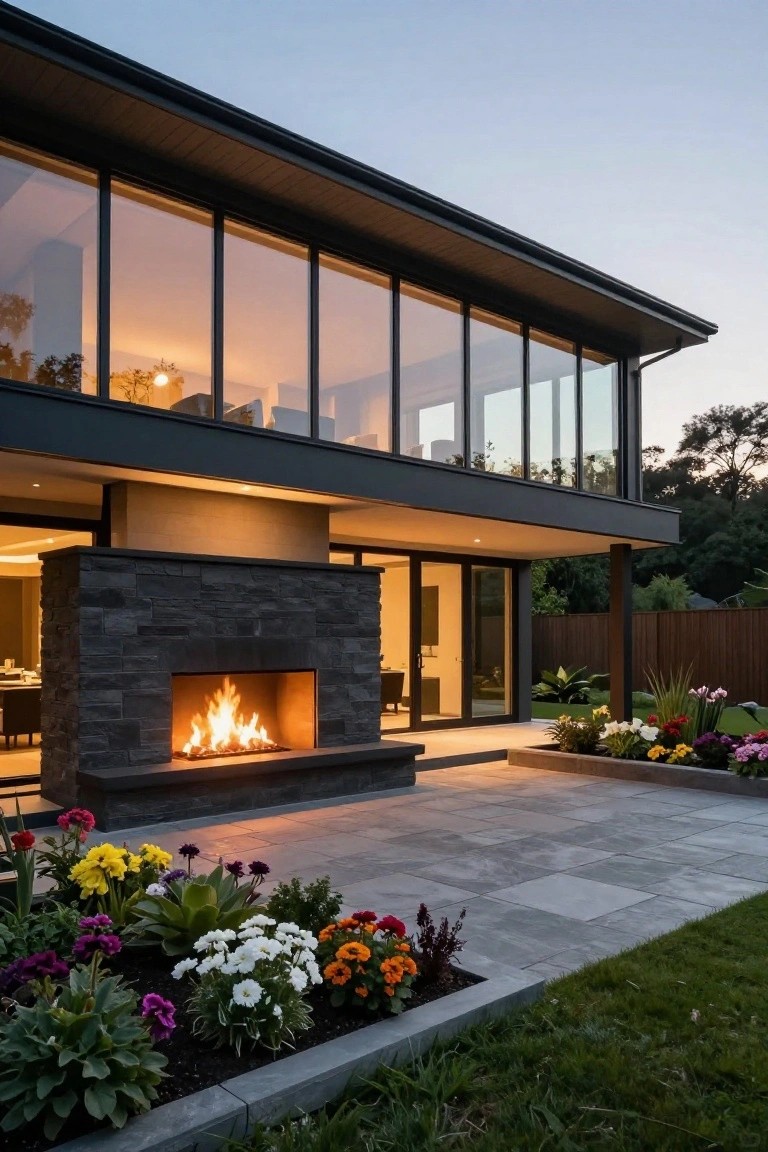 Modern two-story house exterior at dusk with a dark stone linear fireplace on a gray paver patio, colorful flower beds along the edges, large glass walls on the upper level, and sliding glass doors beside the fireplace.