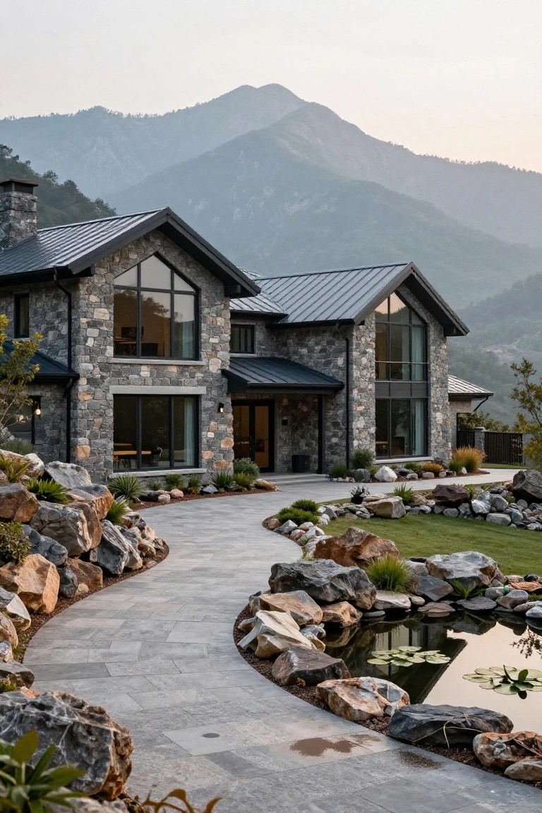 Stone mansion with large windows, mountain backdrop, and a reflective pond.