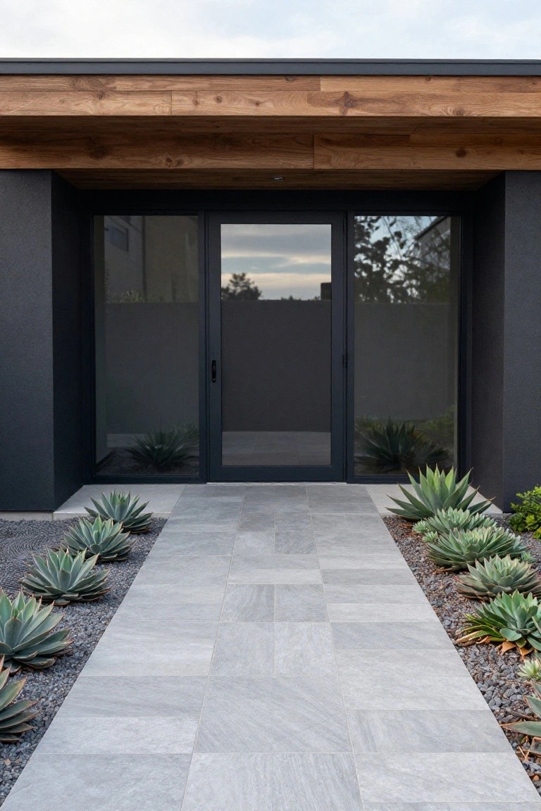 Gray tiled pathway leading to a black-framed glass entry door, bordered by multiple agave plants in gravel beds on both sides, with dark exterior walls and wooden beam overhang.