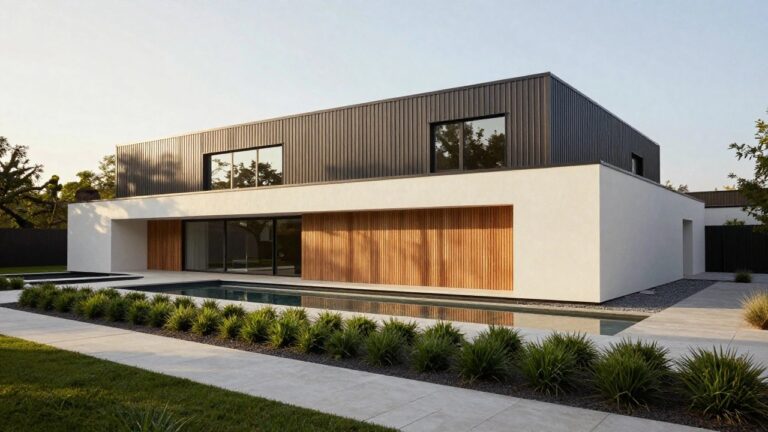 Modern white house exterior featuring vertical wood slats beside large glass doors, an infinity-edge pool, pebble gardens with grasses, and stone paving.