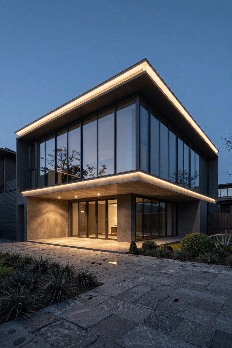 Corner view of a modern dark gray house with large black-framed glass walls, continuous thin LED lighting along roof and wall edges, textured entry wall with glass doors, stone paver pathway, and low grasses with shrubs in front at dusk.
