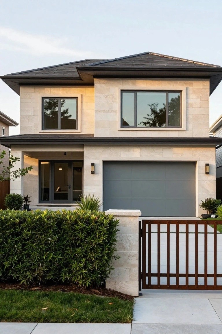 Modern two-story house with stone facade, gray garage, and wooden gate.