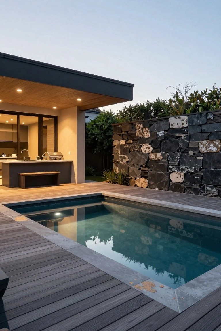 Modern backyard patio with small rectangular plunge pool set into dark wood decking, stone feature wall with plants behind it, outdoor kitchen through glass doors, and downlights overhead at dusk.