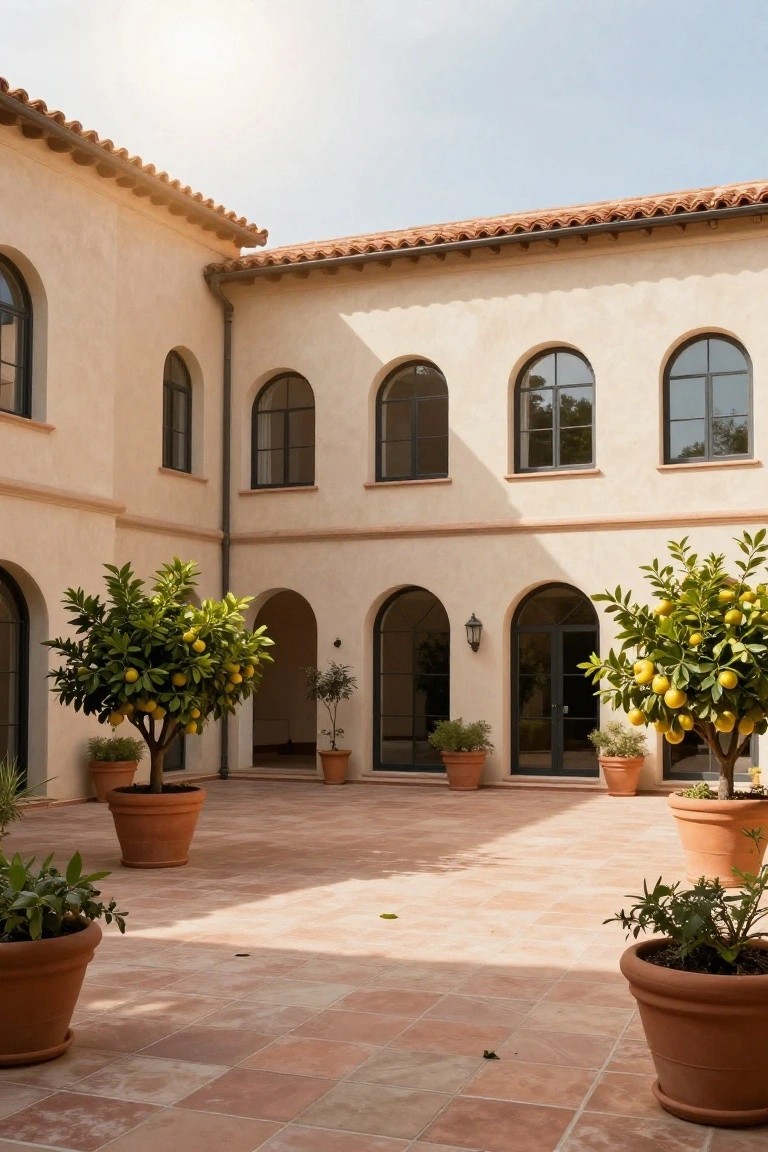 Sunlit courtyard patio featuring beige stucco walls with arched black-framed windows and doors, terracotta tile floor, and large terracotta pots with lemon trees, olive trees, and other plants.