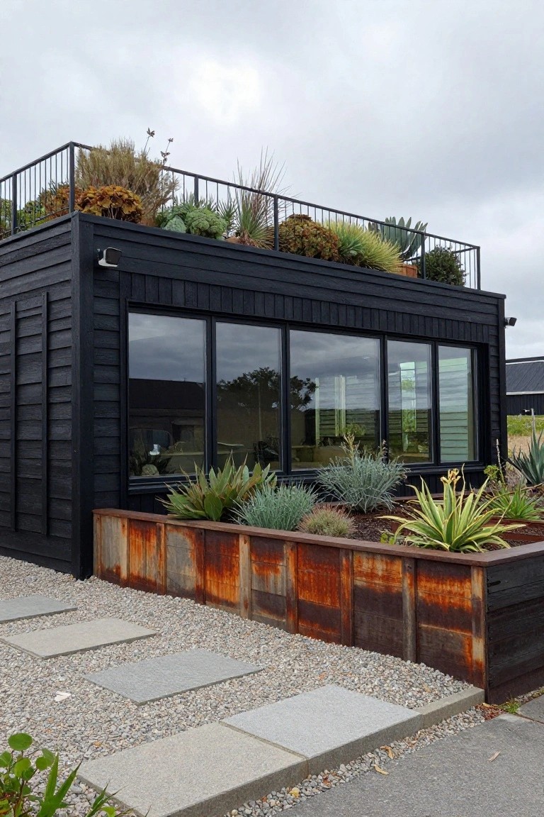 Compact black wooden building with planted rooftop, large dark-framed windows, rusted metal raised beds filled with succulents and agaves at the base, gravel yard with concrete paver path.