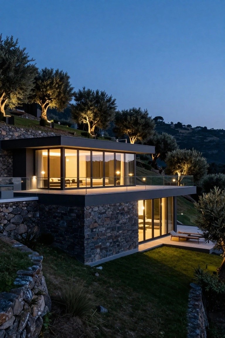 Contemporary house with dark stone walls terraced into a rocky hillside at dusk, featuring large glass walls, a balcony, lounge chairs, and uplighted olive trees nearby.