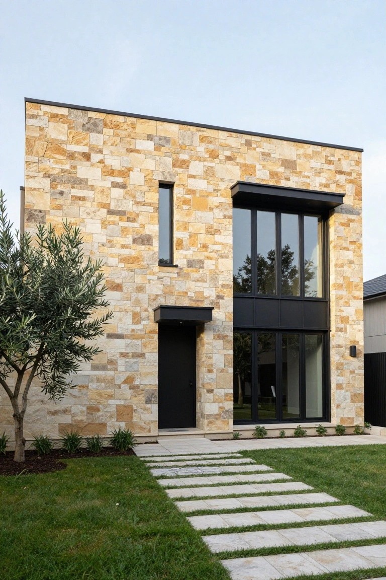 Modern two-story house exterior featuring beige textured stone walls, large black-framed glass windows, black front door, concrete paver pathway across grass lawn, olive tree, and adjacent plants.