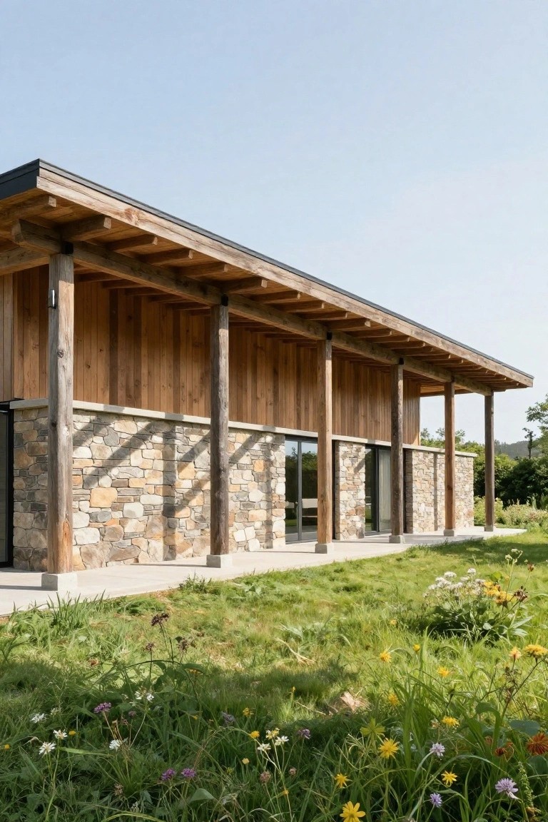 Side view of a modern wood-clad house on a stone base with large timber posts supporting an overhanging roof, sliding glass doors, concrete walkway, and surrounding meadow grass with wildflowers.