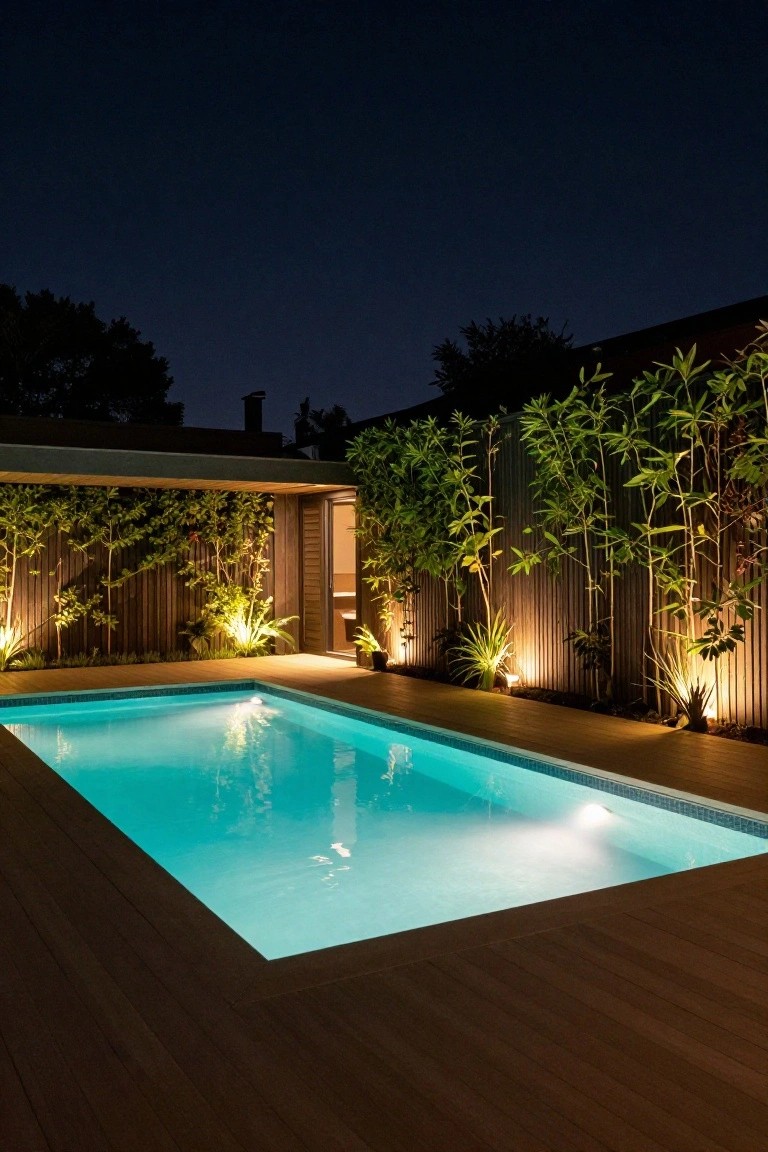 Nighttime photo of a glowing turquoise pool surrounded by timber decking, uplighted bamboo and plants against slatted wooden fences, and a covered outdoor structure.
