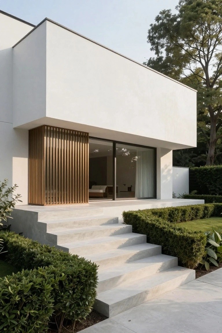 Modern white house exterior with vertical brass-toned wooden slats screening a glass entry door, concrete steps leading up, and boxwood hedges along the sides.