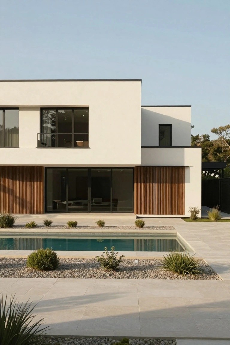 Modern white house exterior featuring vertical wood slats beside large glass doors, an infinity-edge pool, pebble gardens with grasses, and stone paving.