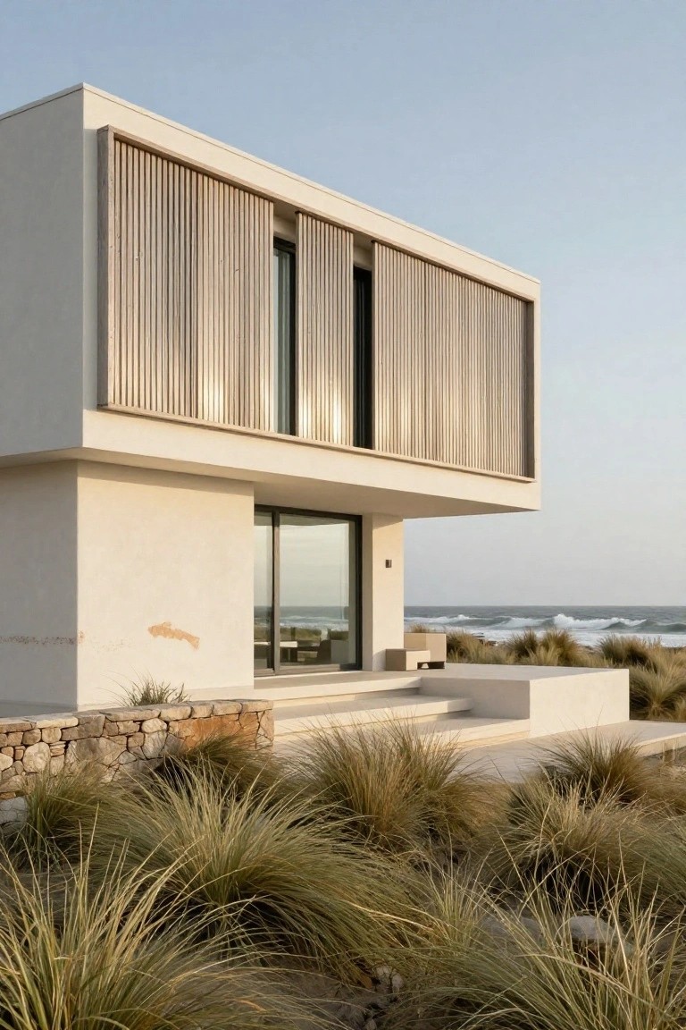 White modern house corner with vertical wooden slats over windows and walls, large glass doors facing ocean dunes and grasses, stone retaining wall at base.