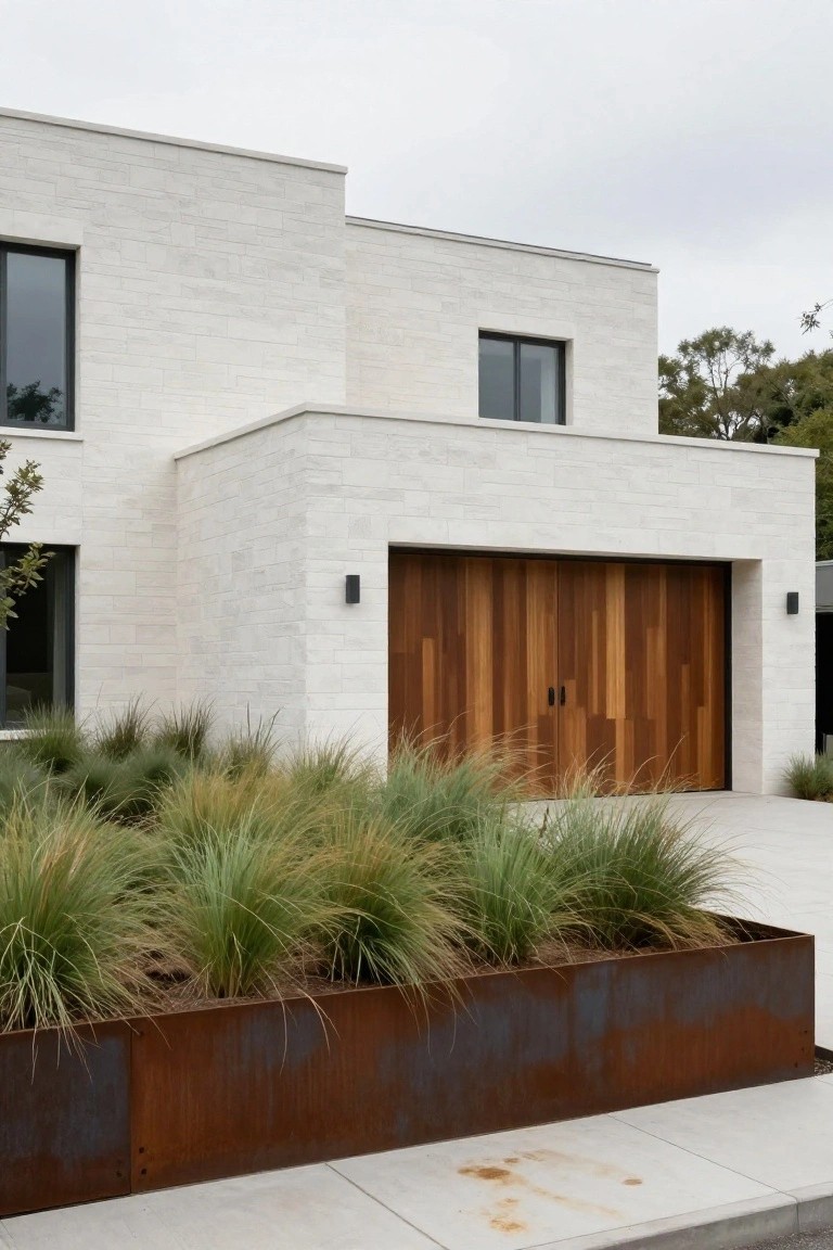 White brick modern house exterior with a tall wooden garage door featuring vertical planks, slim black-framed windows, wall-mounted lights, and tall grasses planted in raised rusted metal beds along a concrete driveway.
