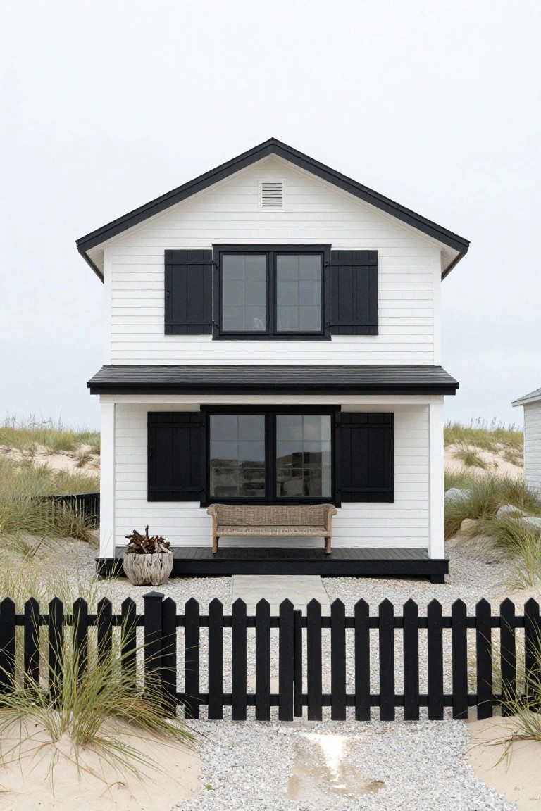 Two-story white clapboard beach house with black shutters, black-framed windows, black gabled roof, black porch roof, rattan bench on porch, black picket fence, potted driftwood, gravel path, beach grass and sand dunes.