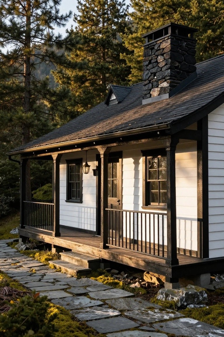 Small white clapboard cabin with black window trim, door, roof, stone chimney, and porch railing surrounded by pine trees and moss-covered stone path in a mountainous forest setting.