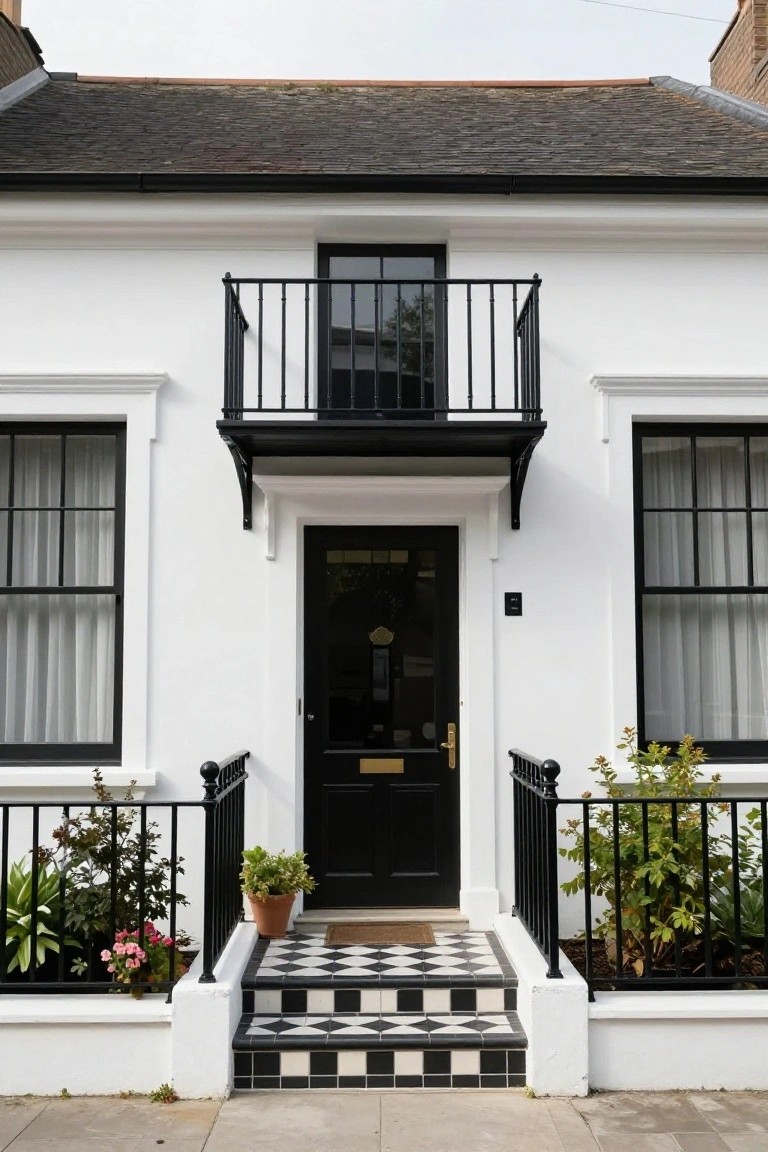 White house exterior with black door, black-framed windows, black balcony railing and fences, black-and-white checkered steps to the entrance, and plants in beds and pots.