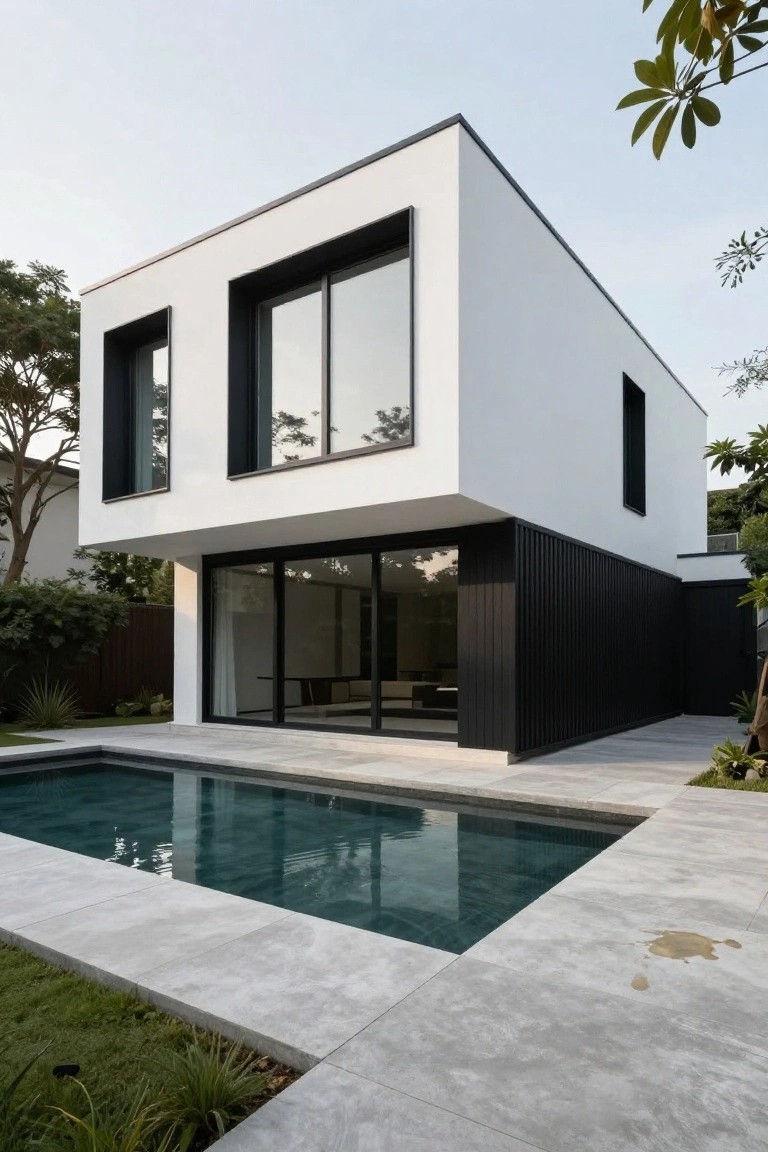 Modern white house with black vertical timber cladding on one side, large glass sliding doors opening to an infinity-edge pool, gray tile decking, and tropical plants.
