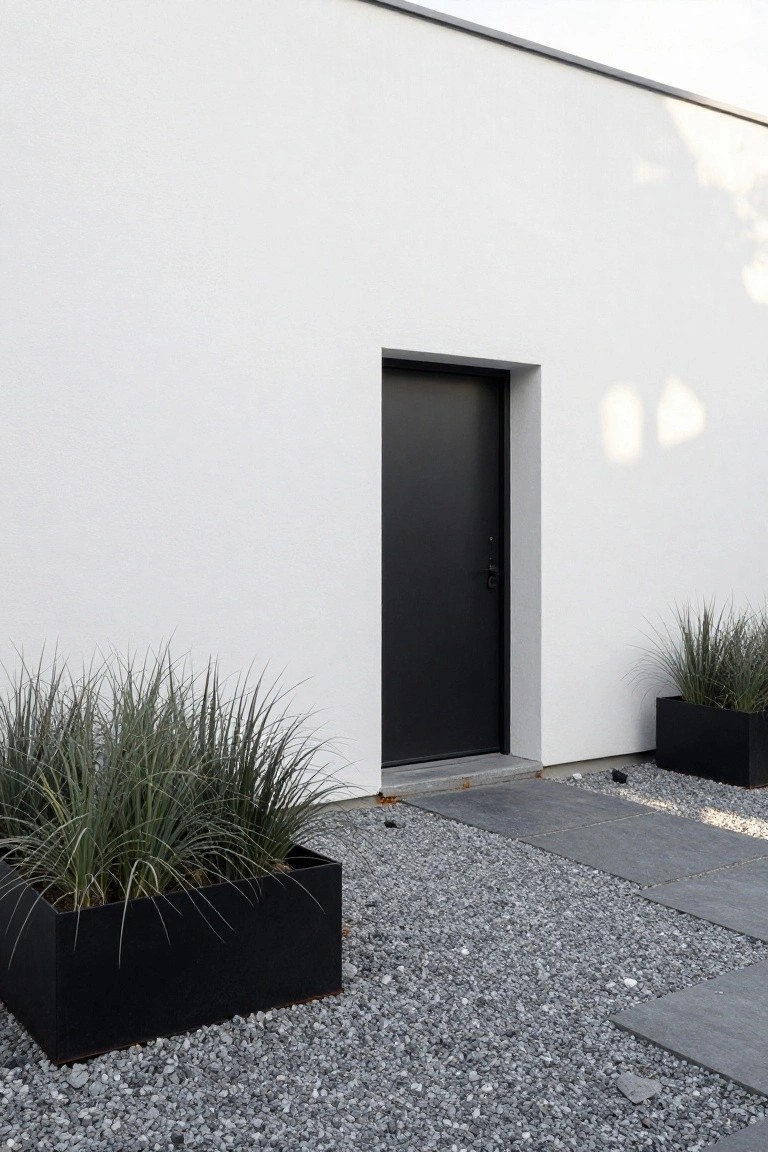White stucco exterior wall with recessed black front door, flanked by tall grasses in large black square planters, gravel ground cover, and slate paver pathway.