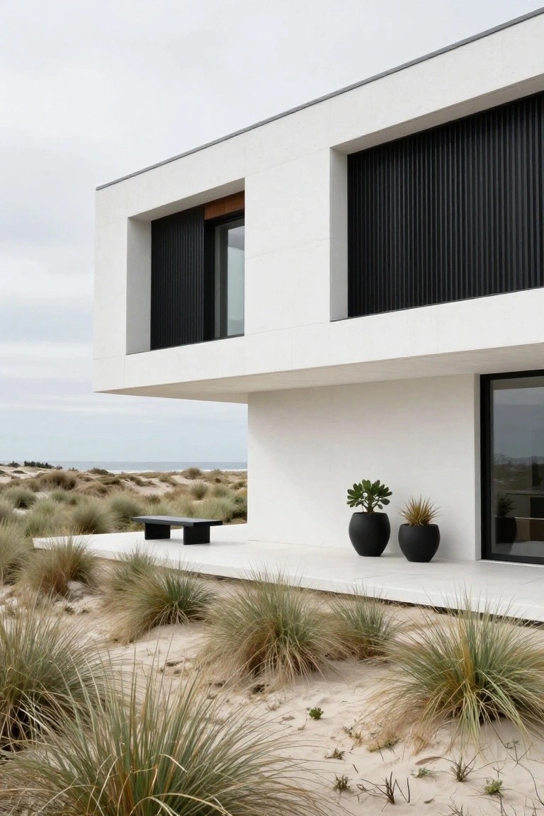 White modern house with black vertical louvered window frames, a cantilevered terrace holding a black bench and two large black pots with plants, adjacent to sandy dunes and beach grasses.
