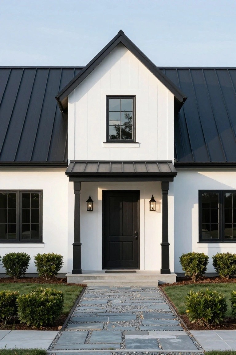 White board-and-batten house with black standing-seam metal roof, black-framed windows and front door, covered porch with columns and lanterns, stone pathway, and boxwood shrubs in the yard.